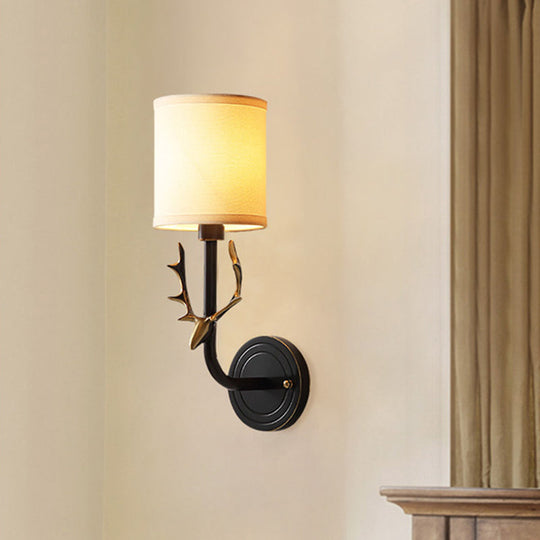 Cylinder Fabric Wall Lamp: 1-Head Cottage Bedroom Fixture With Stag Head Deco - Black/Gold Black