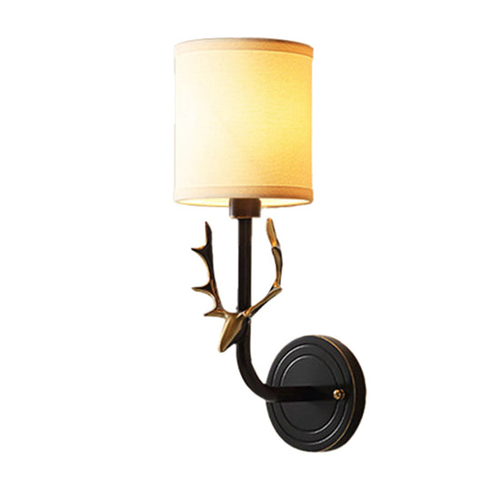 Cylinder Fabric Wall Lamp: 1-Head Cottage Bedroom Fixture With Stag Head Deco - Black/Gold