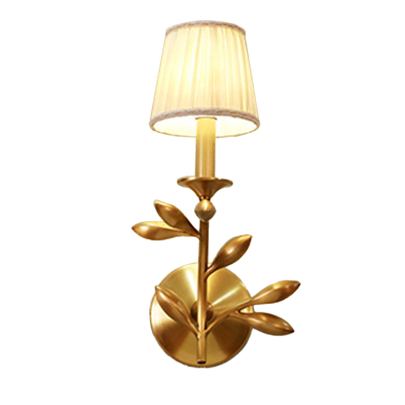 Rustic Gold Tapered Wall Lamp With Gathered Fabric & Wheat Decor