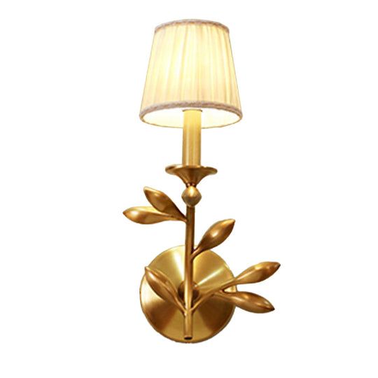 Rustic Gold Tapered Wall Lamp With Gathered Fabric & Wheat Decor