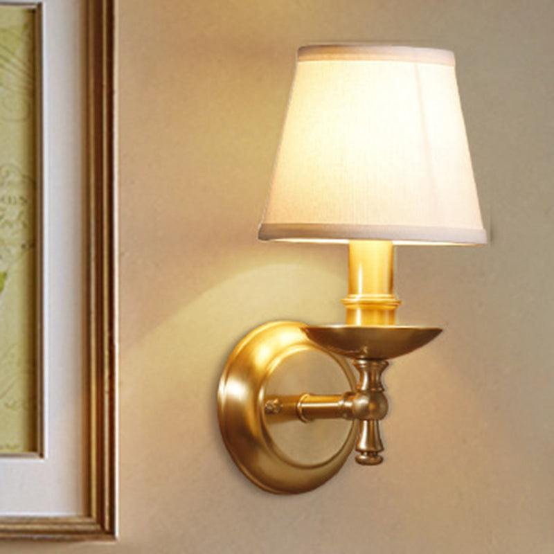 Golden Wall Mount Light With Traditional Fabric Tapered Shade - Bedroom Fixture Gold