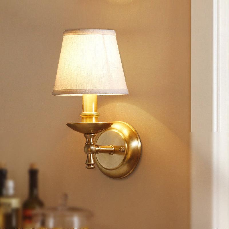 Golden Wall Mount Light With Traditional Fabric Tapered Shade - Bedroom Fixture