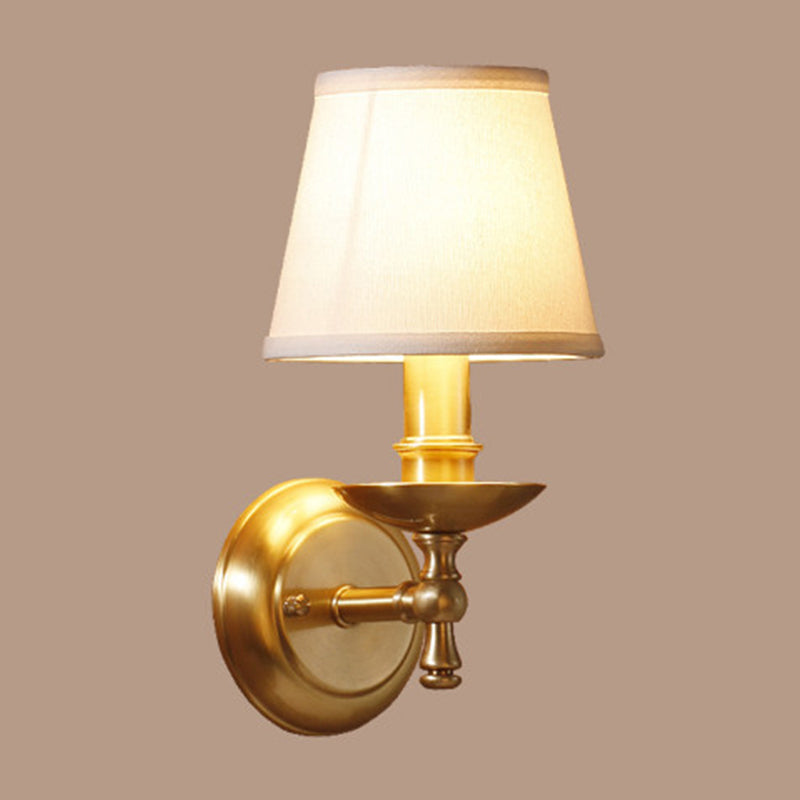 Golden Wall Mount Light With Traditional Fabric Tapered Shade - Bedroom Fixture