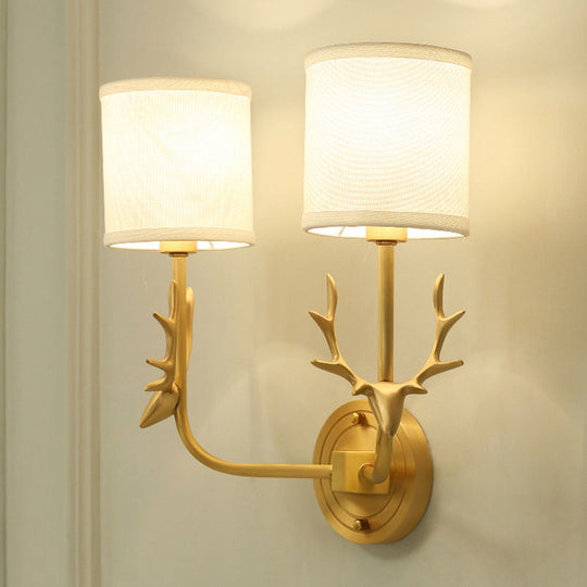 Country Style Gold Deer Wall Mounted Light With Dual Metal Heads And Cylinder Fabric Shade