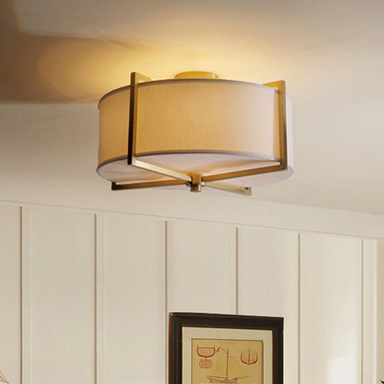 Rustic White Fabric Flush Mount Ceiling Light with X-Brace - 5-Lights, Round/Square Design, Brass Finish