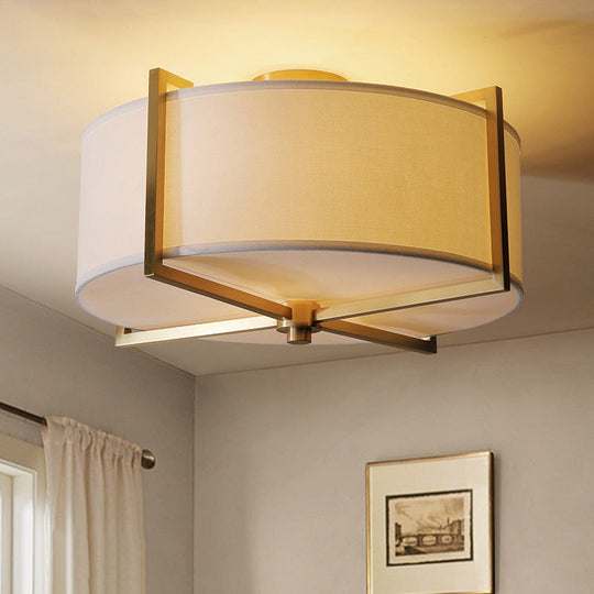 Rustic White Fabric Flush Mount Ceiling Light with X-Brace - 5-Lights, Round/Square Design, Brass Finish