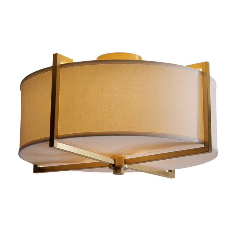 Rustic White Fabric Flush Mount Ceiling Light with X-Brace - 5-Lights, Round/Square Design, Brass Finish