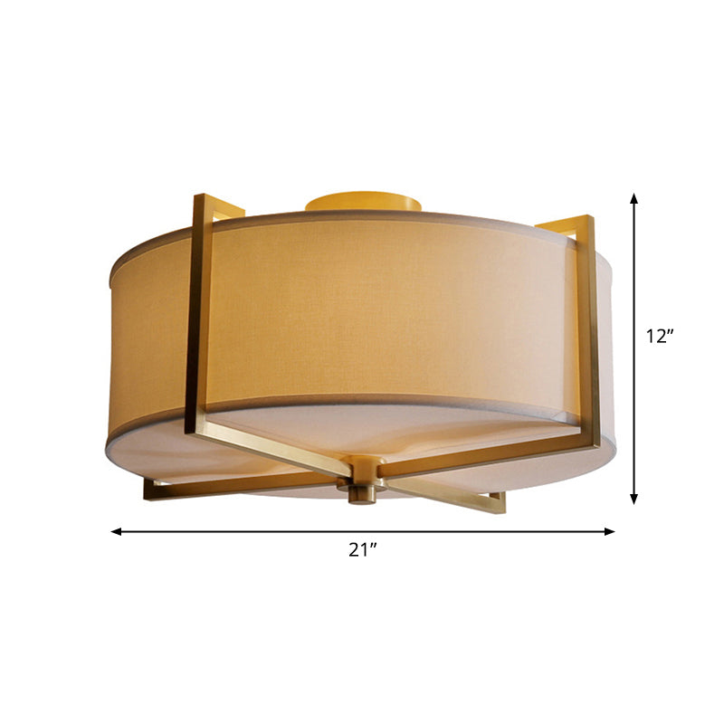 Rustic White Fabric Flush Mount Ceiling Light with X-Brace - 5-Lights, Round/Square Design, Brass Finish