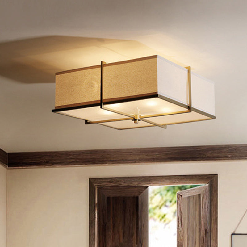 Rustic White Fabric Flush Mount Ceiling Light with X-Brace - 5-Lights, Round/Square Design, Brass Finish