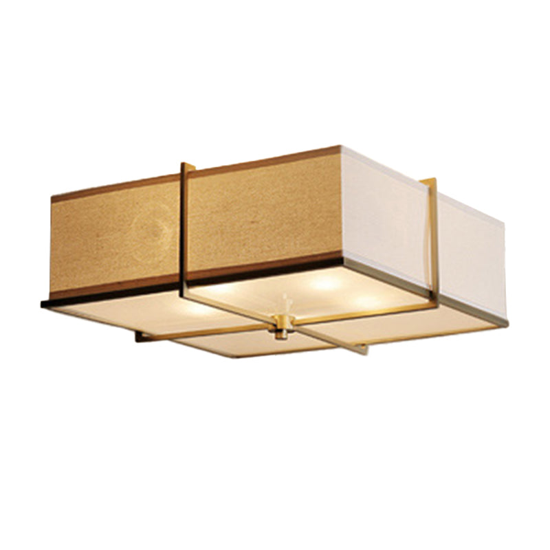 Rustic White Fabric Flush Mount Ceiling Light with X-Brace - 5-Lights, Round/Square Design, Brass Finish