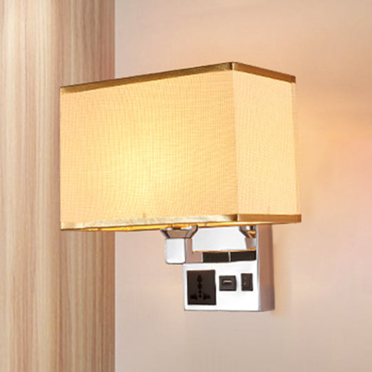 Sleek White/Flaxen Wall Lamp: Simplicity Single Fabric Sconce Light With Socket And Usb Port Flaxen