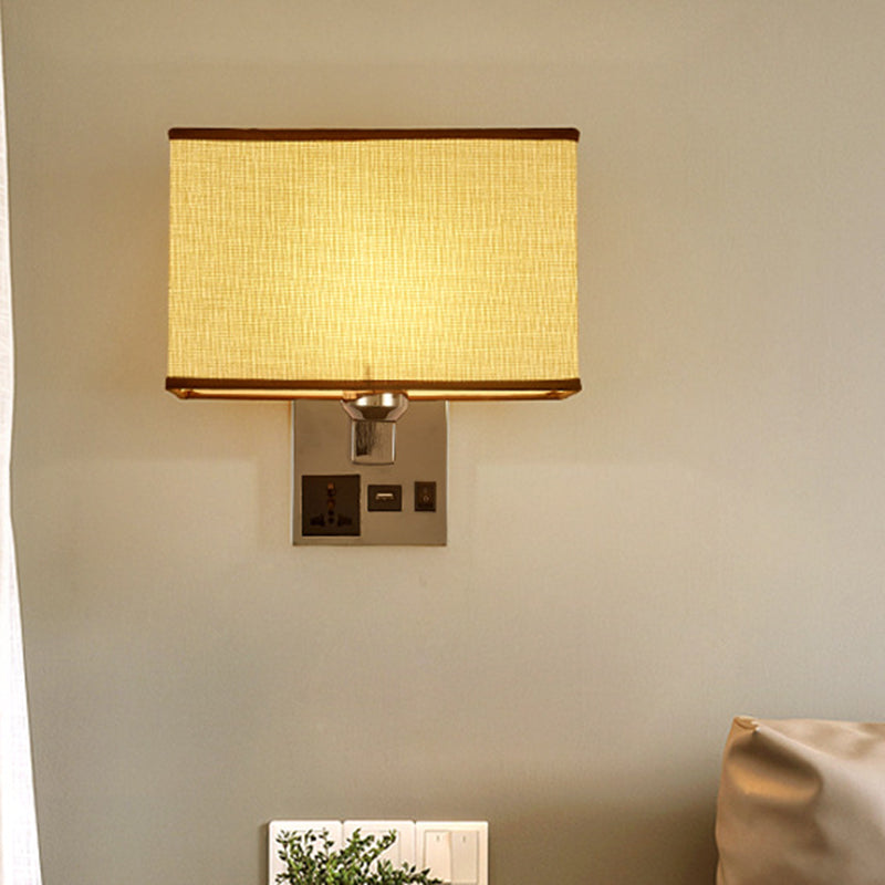 Sleek White/Flaxen Wall Lamp: Simplicity Single Fabric Sconce Light With Socket And Usb Port