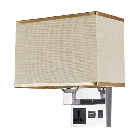 Sleek White/Flaxen Wall Lamp: Simplicity Single Fabric Sconce Light With Socket And Usb Port