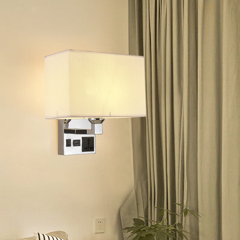 Sleek White/Flaxen Wall Lamp: Simplicity Single Fabric Sconce Light With Socket And Usb Port White