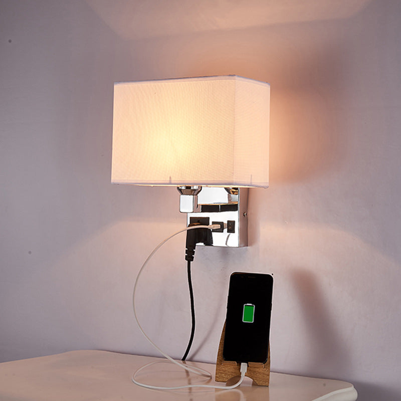 Sleek White/Flaxen Wall Lamp: Simplicity Single Fabric Sconce Light With Socket And Usb Port