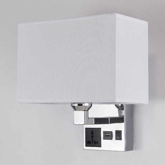 Sleek White/Flaxen Wall Lamp: Simplicity Single Fabric Sconce Light With Socket And Usb Port