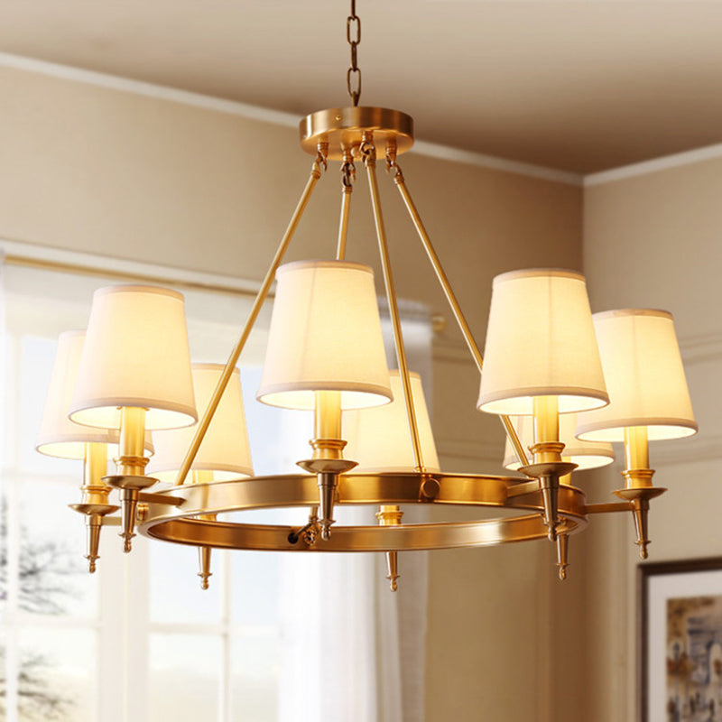 Gold Finish Hanging Lamp: 3/6/8-Light Chandelier With Cone Fabric Shades