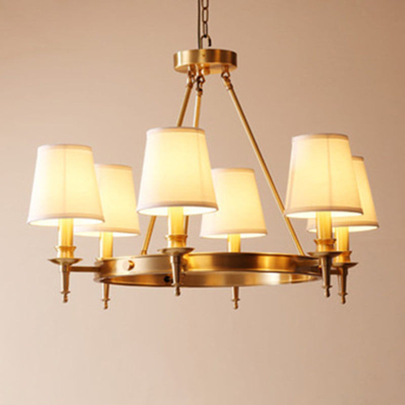 Gold Finish Hanging Lamp: 3/6/8-Light Chandelier With Cone Fabric Shades