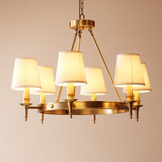 Gold Finish Hanging Lamp: 3/6/8-Light Chandelier With Cone Fabric Shades