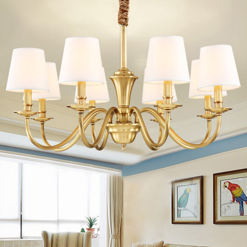 Colonial Style Hanging Chandelier - Gold 6/8-Light Fabric Conical Suspension Pendant