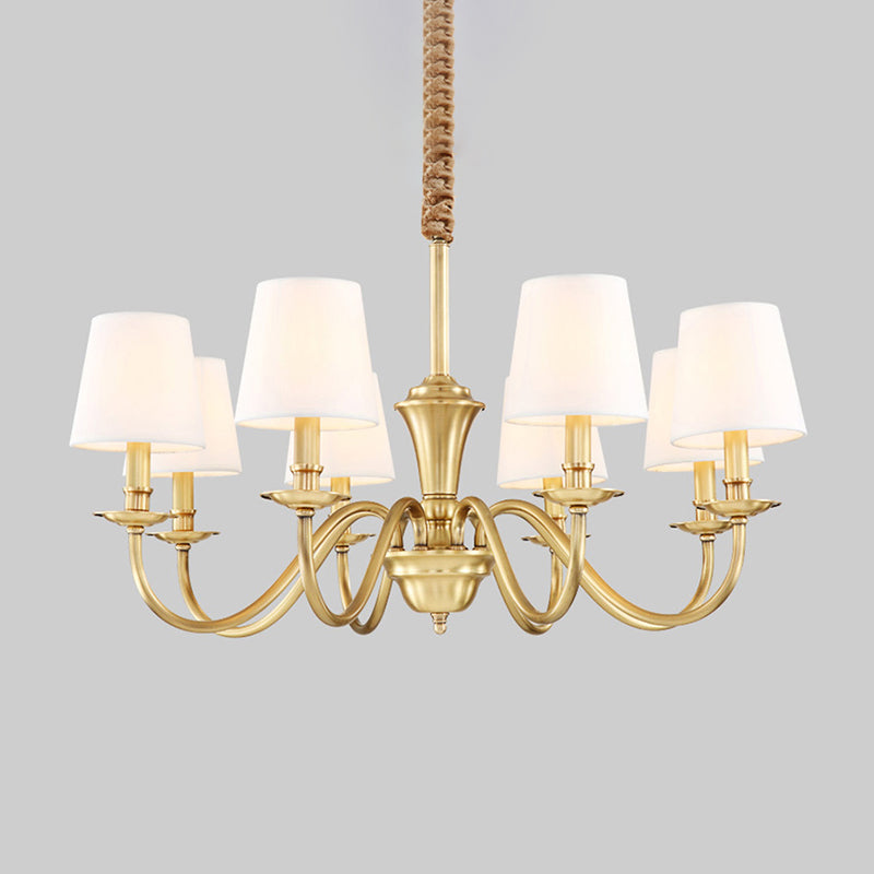 Colonial Style Hanging Chandelier - Gold 6/8-Light Fabric Conical Suspension Pendant