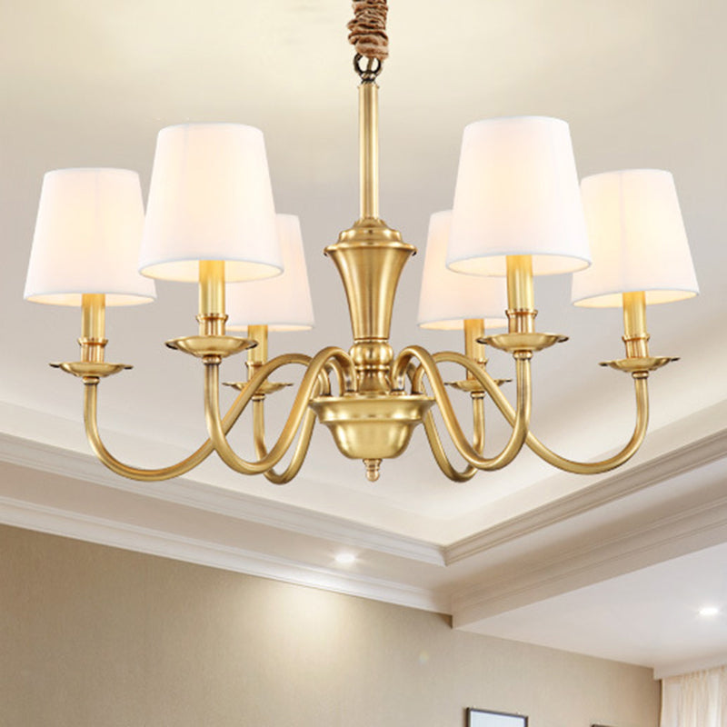 Colonial Style Hanging Chandelier - Gold 6/8-Light Fabric Conical Suspension Pendant