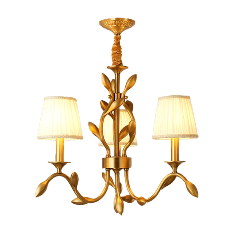 Wheat Chandelier Lighting: Farmhouse Gold Pendant With Conical Fabric Shade - 3-Head Metallic