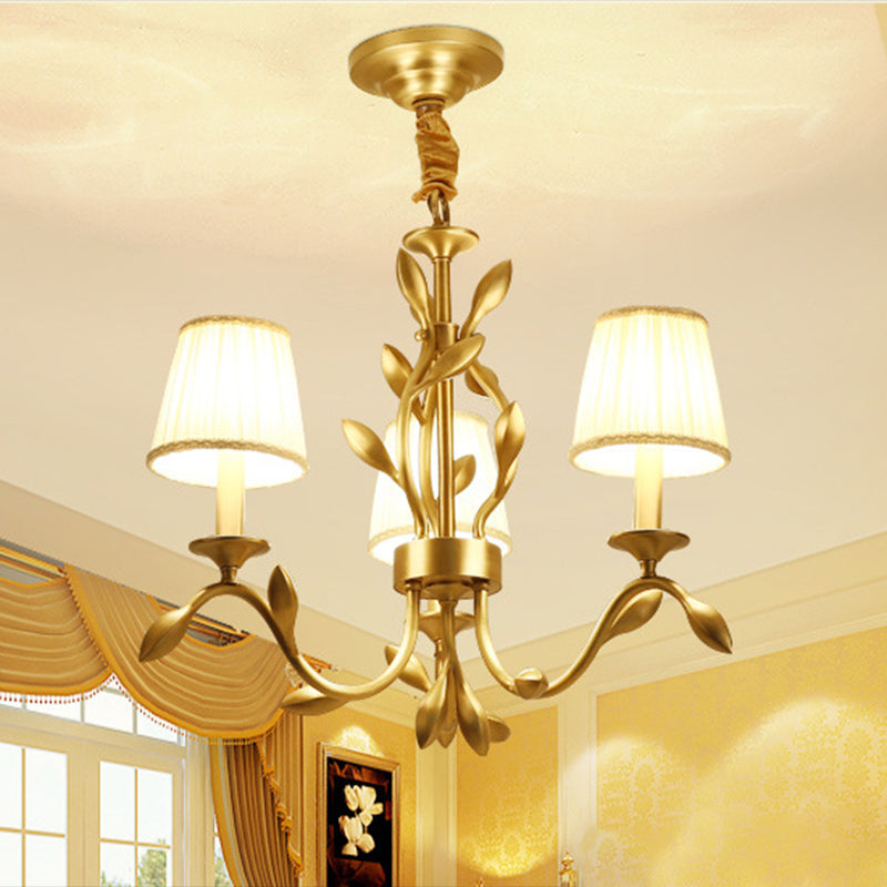 Wheat Chandelier Lighting: Farmhouse Gold Pendant With Conical Fabric Shade - 3-Head Metallic