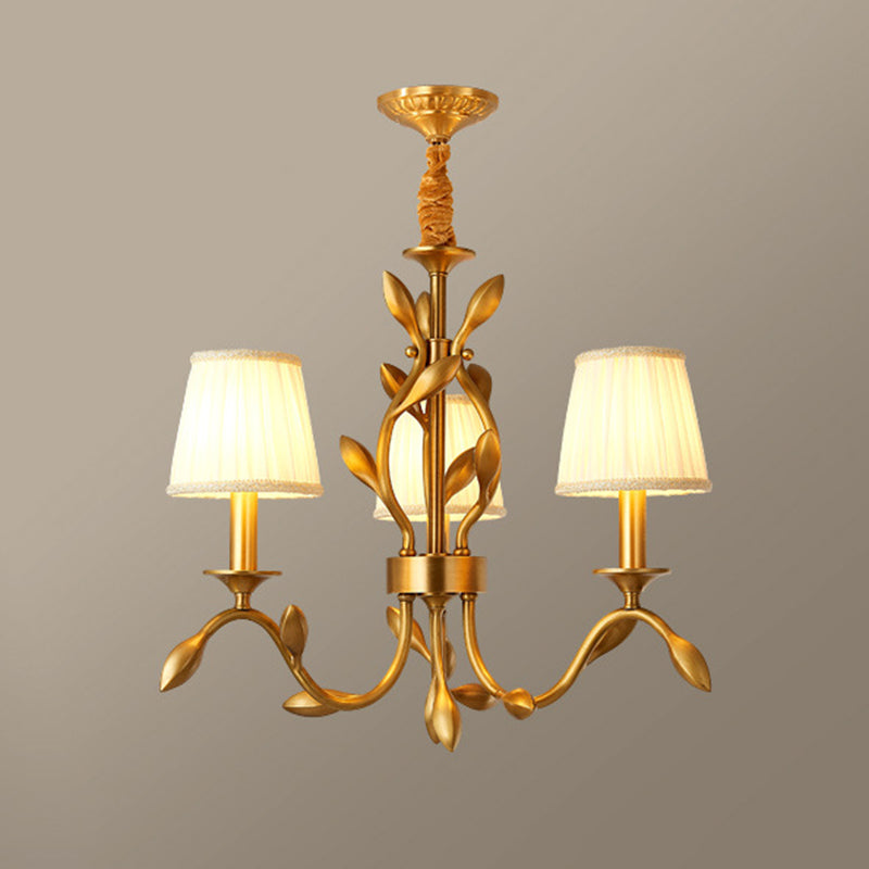 Wheat Chandelier Lighting: Farmhouse Gold Pendant With Conical Fabric Shade - 3-Head Metallic