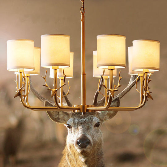 Rustic Antler Ceiling Light With Cylindrical Fabric Shade - Gold Finish 3/6/8 Bulbs