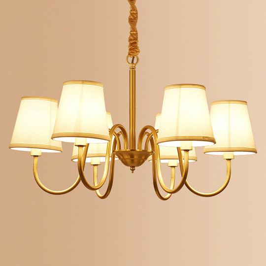 Traditional Conical Living Room Chandelier With Gold Swoop Arm - Fabric 5/6/8-Light Hanging Lamp