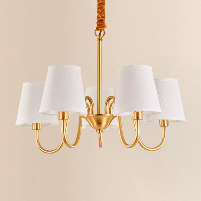 Traditional Conical Living Room Chandelier With Gold Swoop Arm - Fabric 5/6/8-Light Hanging Lamp