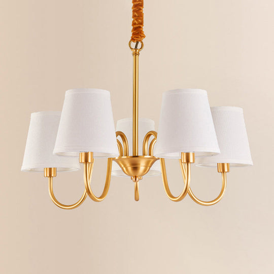 Traditional Conical Living Room Chandelier With Gold Swoop Arm - Fabric 5/6/8-Light Hanging Lamp