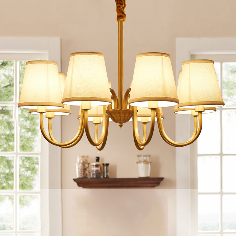 Traditional Conical Living Room Chandelier With Gold Swoop Arm - Fabric 5/6/8-Light Hanging Lamp