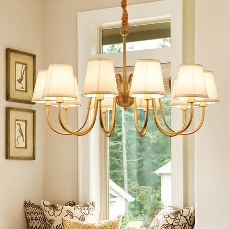 Traditional Conical Living Room Chandelier With Gold Swoop Arm - Fabric 5/6/8-Light Hanging Lamp