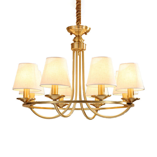 Colonial Metal Chandelier With Gold Swooping Arms And Cone Fabric Shades - 4/8/10 Heads Perfect For