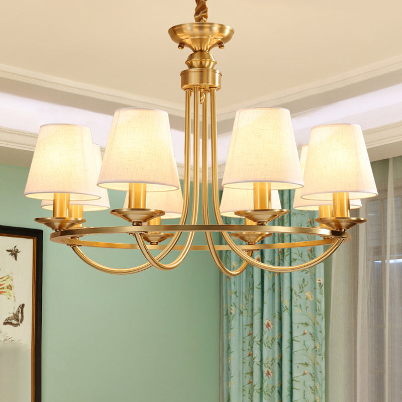 Colonial Metal Chandelier With Gold Swooping Arms And Cone Fabric Shades - 4/8/10 Heads Perfect For