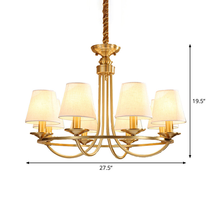 Colonial Metal Chandelier With Gold Swooping Arms And Cone Fabric Shades - 4/8/10 Heads Perfect For