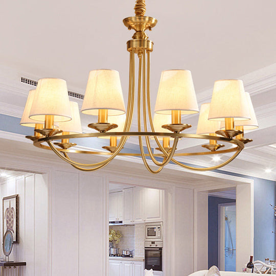 Colonial Metal Chandelier With Gold Swooping Arms And Cone Fabric Shades - 4/8/10 Heads Perfect For