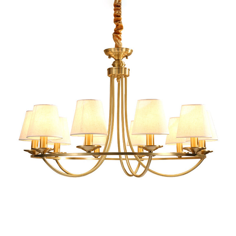 Colonial Metal Chandelier With Gold Swooping Arms And Cone Fabric Shades - 4/8/10 Heads Perfect For