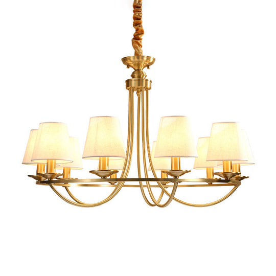 Colonial Metal Chandelier With Gold Swooping Arms And Cone Fabric Shades - 4/8/10 Heads Perfect For