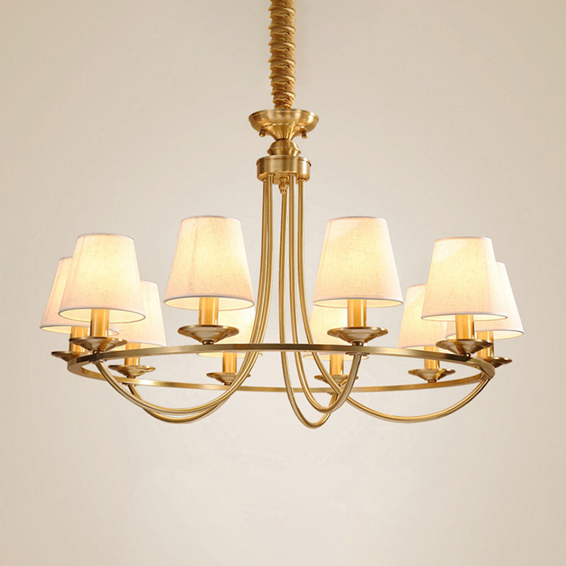 Colonial Metal Chandelier With Gold Swooping Arms And Cone Fabric Shades - 4/8/10 Heads Perfect For