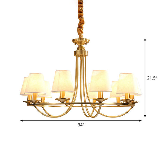 Colonial Metal Chandelier With Gold Swooping Arms And Cone Fabric Shades - 4/8/10 Heads Perfect For