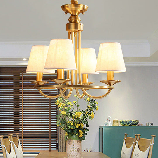 Colonial Metal Chandelier With Gold Swooping Arms And Cone Fabric Shades - 4/8/10 Heads Perfect For