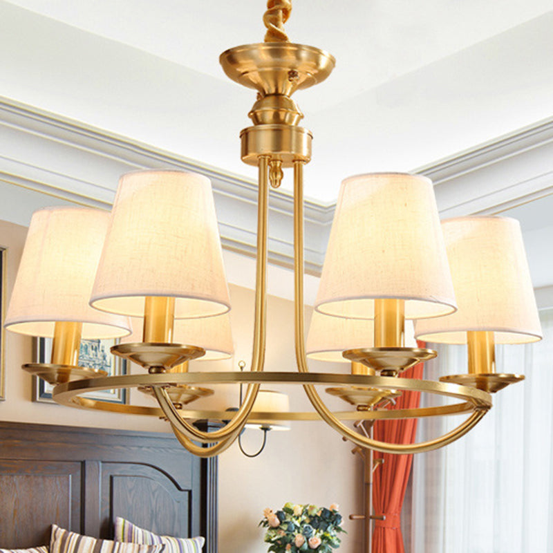 Colonial Metal Chandelier With Gold Swooping Arms And Cone Fabric Shades - 4/8/10 Heads Perfect For