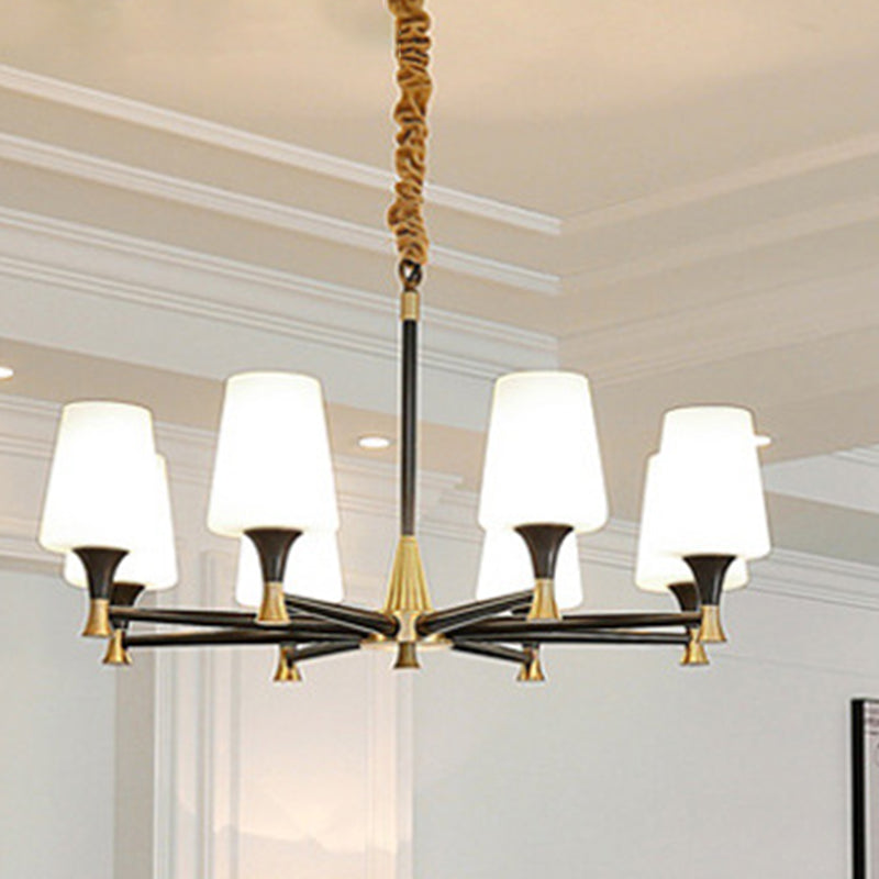 Modern Black And Gold Chandelier: Conic Bedroom Ceiling Light With Fabric/White Glass 6/8-Light