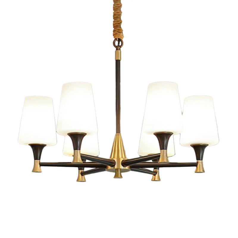 Modern Black And Gold Chandelier: Conic Bedroom Ceiling Light With Fabric/White Glass 6/8-Light