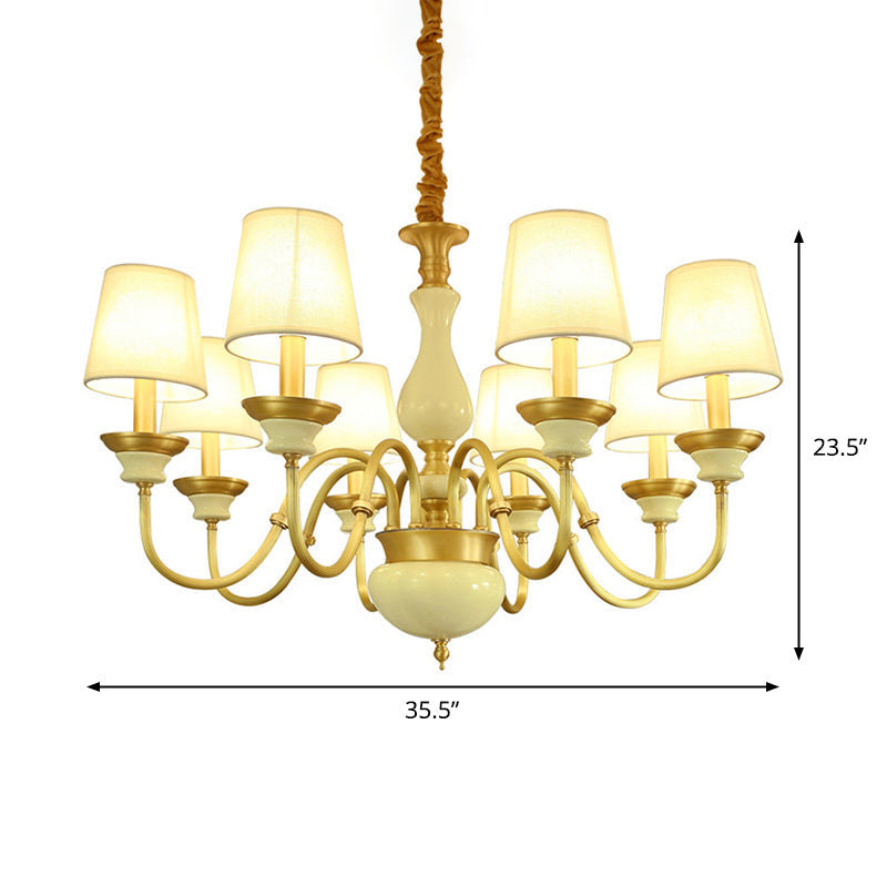 Countryside Ceramic Candelabra Chandelier Pendant Lamp With Fabric Cone Shade - 3/6/8-Bulb Bedroom