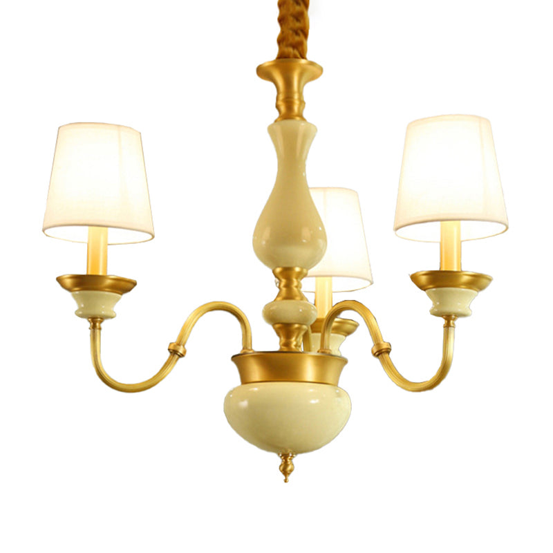 Countryside Ceramic Candelabra Chandelier Pendant Lamp With Fabric Cone Shade - 3/6/8-Bulb Bedroom