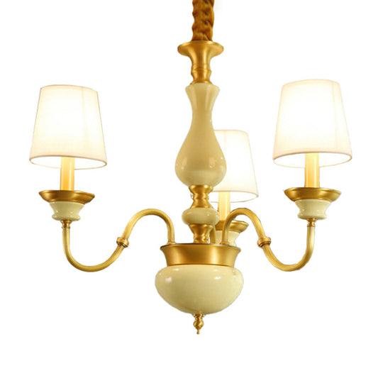 Countryside Ceramic Candelabra Chandelier Pendant Lamp With Fabric Cone Shade - 3/6/8-Bulb Bedroom